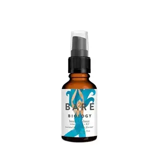 Brown bottle of Bare Biology vitamin D3 and K2, 25ml, with blue design on label.