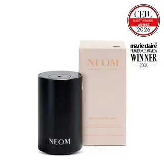 NEOM Wellbeing Pod Mini+ diffuser with award badges for 2026.