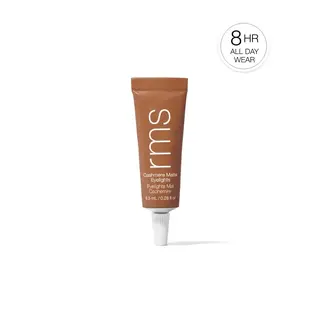 Brown tube of rms Cashmere Matte Eyelights, 8.5 ml, with "8 HR ALL DAY WEAR" text.