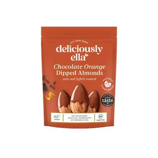 Deliciously Ella Chocolate Orange Dipped Almonds, plant-based, 65% cacao, dairy-free.