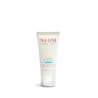Tube of Neom Calming Hand Balm, 30ml, with lavender, jasmine, and sandalwood.