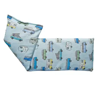 Blue fabric with colourful campervan pattern.