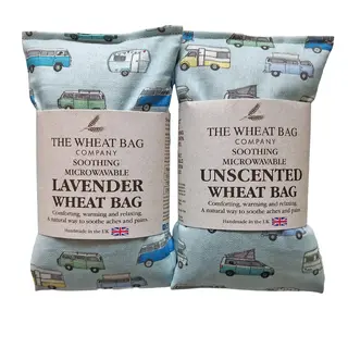 Two wheat bags: lavender and unscented, with campervan pattern, made in the UK.
