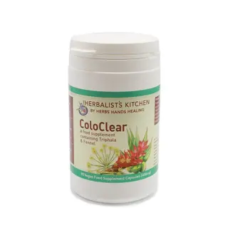 ColoClear supplement bottle with Triphala and Fennel, 90 vegan capsules, 400mg each.
