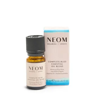Neom Complete Bliss Essential Oil Blend bottle and box, 10 ml.