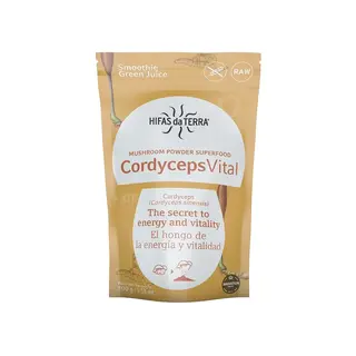 CordycepsVital mushroom powder superfood, 100g pouch, labelled for energy and vitality.