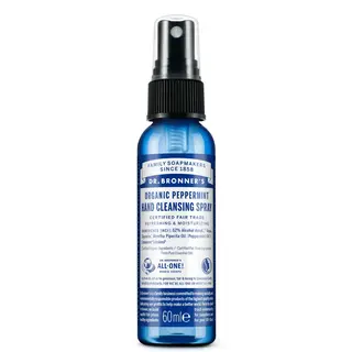 Dr. Bronner's Organic Peppermint Hand Cleansing Spray, 60ml bottle.