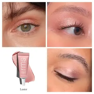 Four eyes with pink eyeshadow and RMS Eyelights tube labelled "Luster".