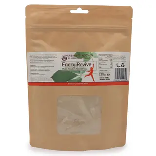Brown packet of EnergiRevive Plant Powder Food Drink, 225g, with visible powder through window.