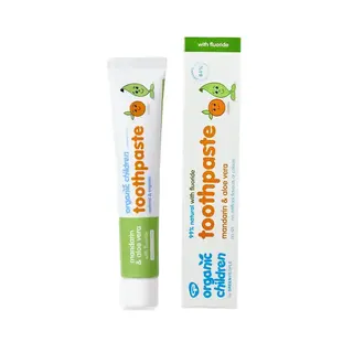 Organic children's toothpaste, mandarin and aloe vera flavour, with fluoride, tube and box shown.