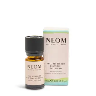 Neom Feel Refreshed Essential Oil Blend, lemon and fresh basil, 10ml bottle and box.