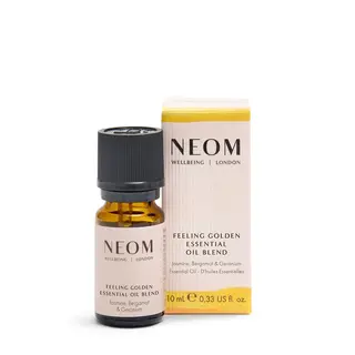 NEOM Feeling Golden Essential Oil Blend, 10ml bottle and box, jasmine, bergamot, geranium.
