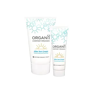 Two tubes of Organii After Sun Cream, 150ml and 50ml, with sun design.