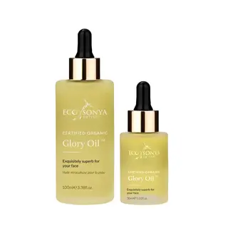 Two bottles of Eco Sonya Glory Oil, 100ml and 30ml, with black droppers.