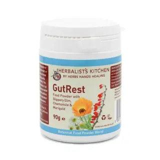 GutRest food powder with slippery elm, chamomile, marigold. Herbalist's Kitchen, 90g container.