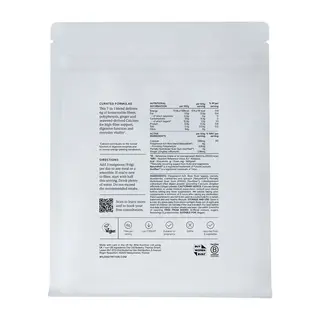 White packaging with nutritional information, directions, and vegan symbol. QR code for consultation.