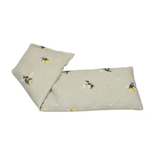 Grey wheat bag with bee pattern and white dots.