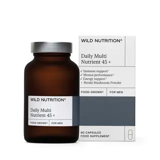 Brown bottle and box of Wild Nutrition Daily Multi Nutrient 45+ for men, 60 capsules.