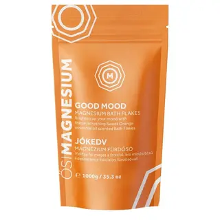 Orange pouch of Good Mood Magnesium Bath Flakes, 1000g, with Sweet Orange scent.