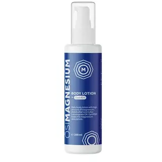 Blue bottle of OSIMAGNESIUM body lotion, 200 ml, with pump dispenser.