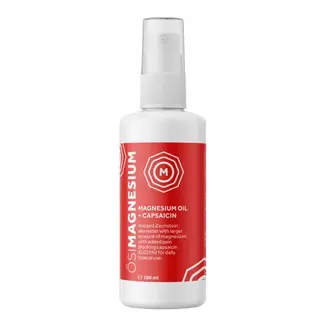 White spray bottle with red label, "Magnesium Oil + Capsaicin", 100 ml.