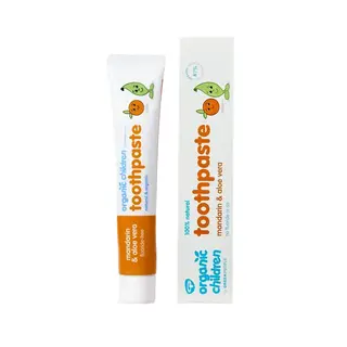 Organic children's toothpaste, mandarin and aloe vera flavour, fluoride-free, tube and box.