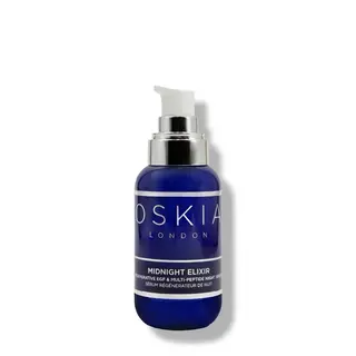 Oskia London Midnight Elixir serum in a blue pump bottle.