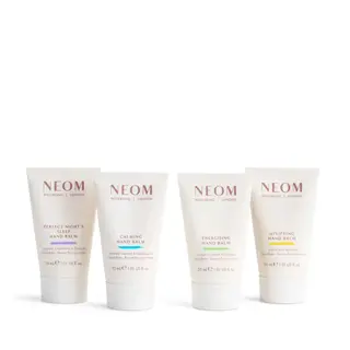 Four Neom hand balms: Perfect Night's Sleep, Calming, Energising, Uplifting, 30ml each.