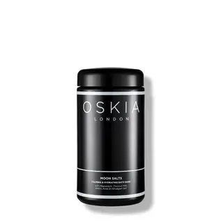 Oskia London Moon Salts, calming bath soak with magnesium and Himalayan salt, in black jar.
