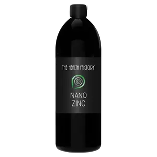 Black bottle labelled "The Health Factory Nano Zinc".