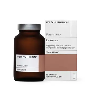 Brown bottle and box of Wild Nutrition Natural Glow for Women, 60 capsules.