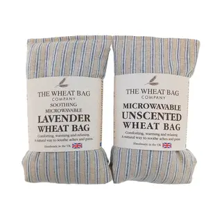 Two striped wheat bags: lavender and unscented, labelled for soothing and microwavable use.