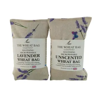 Two wheat bags: one lavender-scented, one unscented. Both are microwavable and UK-made.