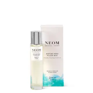 Neom Bedtime Hero Pillow Mist bottle and box, 30ml, chamomile, ylang ylang, cedarwood.