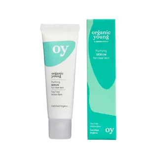 Tube and box of Organic Young Purifying Serum for clear skin, tea tree and willow bark.