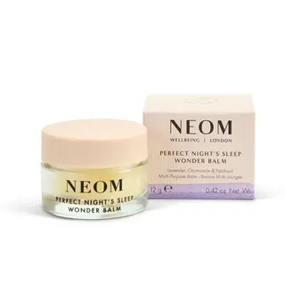 NEOM Perfect Night's Sleep Wonder Balm jar and box, 12g, lavender, chamomile, patchouli.