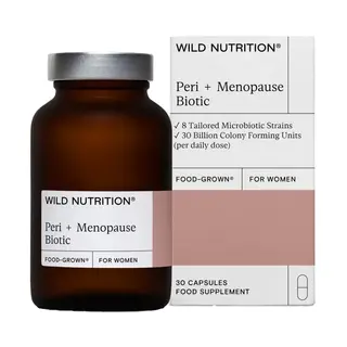 Wild Nutrition Peri + Menopause Biotic bottle and box, 30 capsules, food supplement.