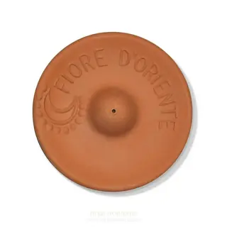 Terracotta incense holder with "Fiore D'Oriente" text and crescent moon design.