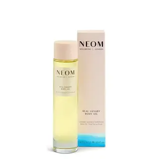 NEOM Real Luxury Body Oil, 100ml bottle with packaging. Lavender, jasmine, sandalwood scent.