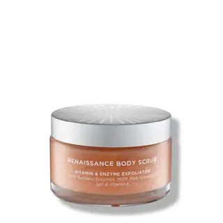 Renaissance Body Scrub jar with silver lid, contains vitamin and enzyme exfoliator.