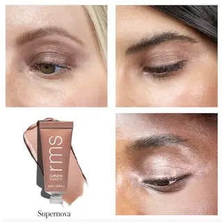 Four close-ups of eyes with shimmery eyeshadow. Tube labelled "rms Eyelights" in shade Supernova.