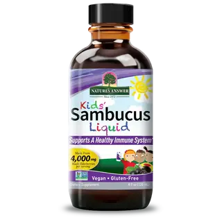 Kids' Sambucus Liquid bottle, supports immune system, 4,000mg elderberries, vegan, gluten-free.