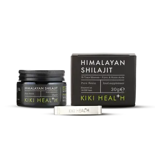 KIKI Health Himalayan Shilajit jar and box, 30g, pure resin food supplement.