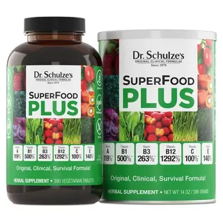 Dr. Schulze's SuperFood Plus supplements, bottle and tin, with vegetable images on labels.