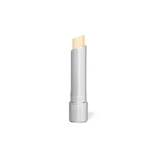 Silver tube of lip balm with "rms" logo, beige balm exposed.
