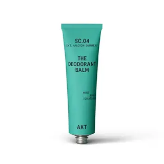 Turquoise tube labelled "SC.04 The Deodorant Balm" with mint, pomelo, tomato vine scent.