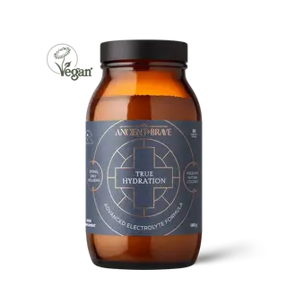 Brown jar with "True Hydration" label, 180g, advanced electrolyte formula.