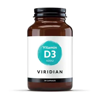 Brown bottle of Viridian Vitamin D3, 400IU, 30 capsules.