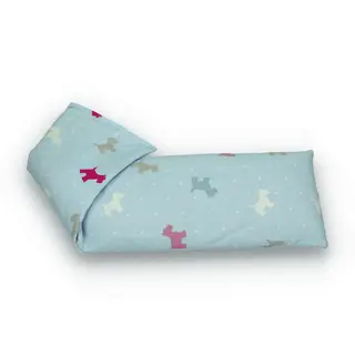Blue fabric eye pillow with colourful dog pattern.