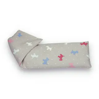 Grey fabric eye pillow with colourful dog pattern.